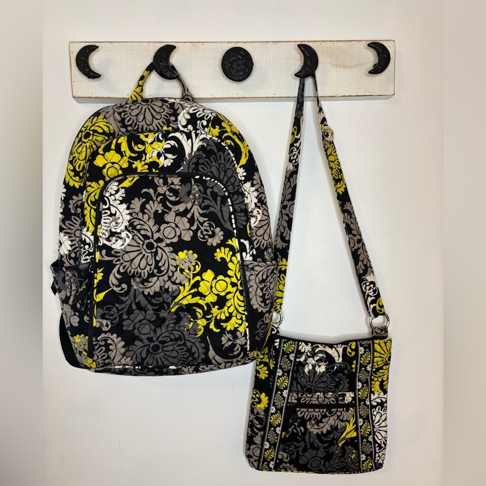 Vera Bradley Black Gray Yellow Floral Backpack & Crossbody Set